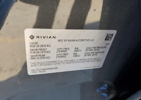 2023 Rivian R1T Adventure z USA, uszkodzony, nr VIN 7FCTGAAA4PN001004